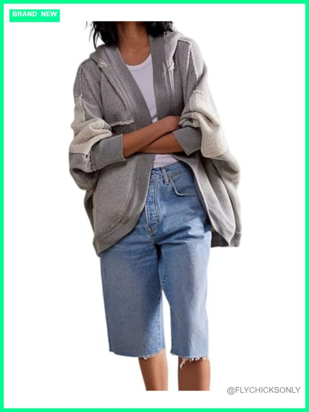 Oversized Hooded Cardigan Sweatshirt Open Front Long Sleeve Patchwork Y2K